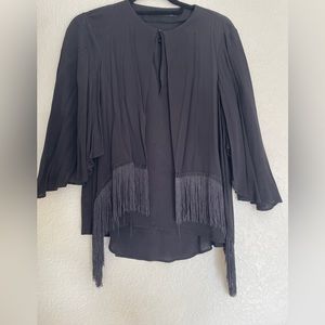Zara black blouse with tassel scarf detailing